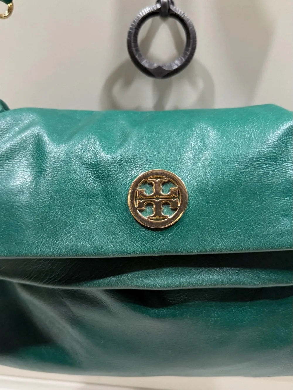 Tory Burch Emerald Green Leather Fold-Over Crossbody with Logo